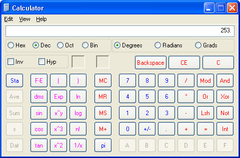 Binary 253 in calculator