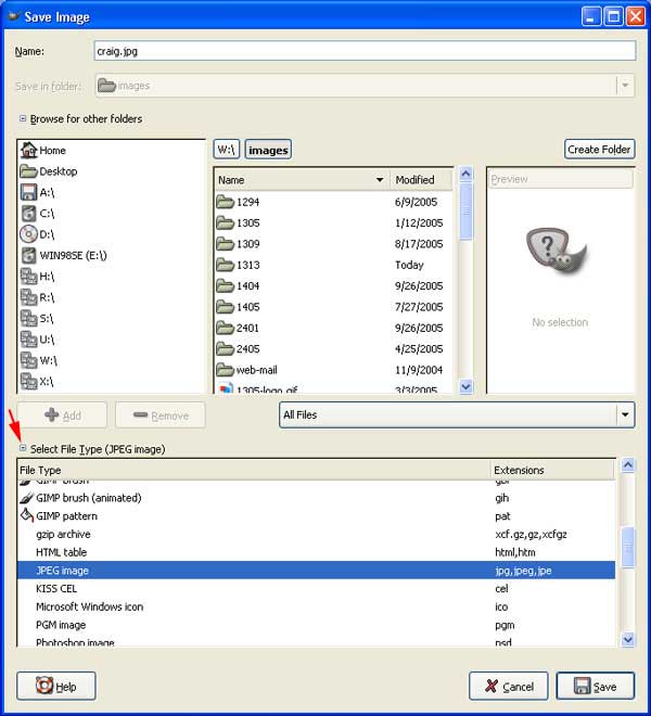 GIMP Save Image dialog
