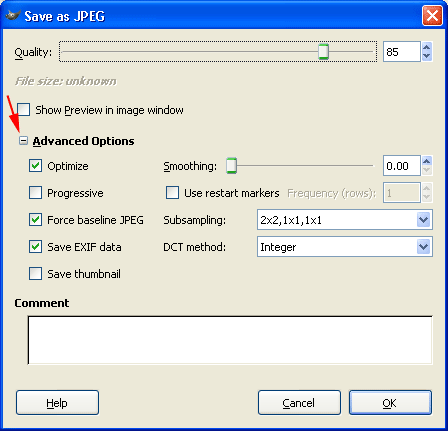 GIMP Save As Advanced Options: Optimize