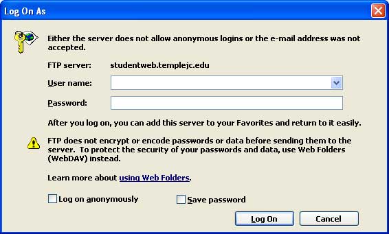IE 7 log in screen