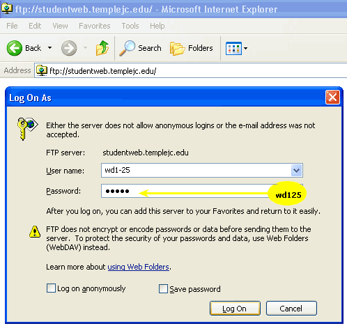 IE ftp Log in