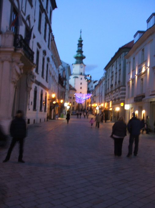 View of Michael's gate and Christmas lights