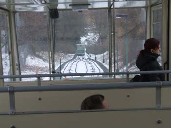 Looking up funicular railroad at Petrín Hill , Prague