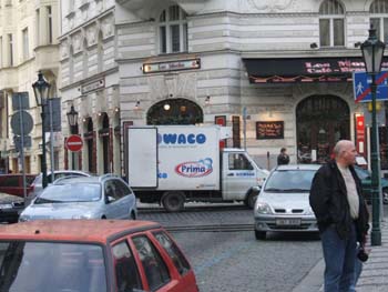 A No-Waco truck, near Plaque on New Old Synagogue (Staronová Synogoga), Josefov, Prague
