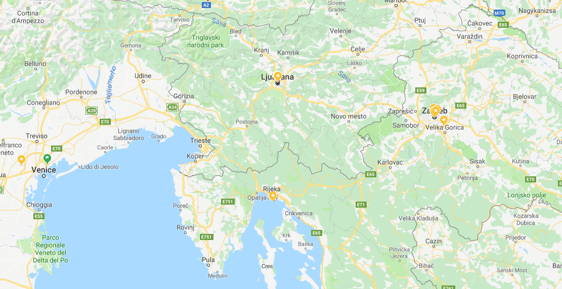 Venice-Ljubljana-Zagreb map