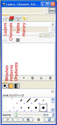 The GIMP Layers, Channels, Paths, and History tools