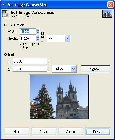 GIMP canvas size dialog box