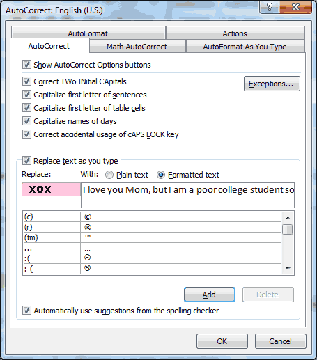AutoCorrect dialog