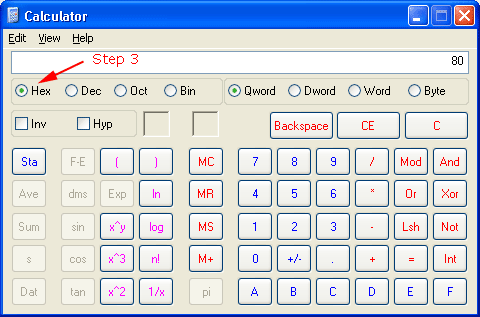 Calc, convert value to hex