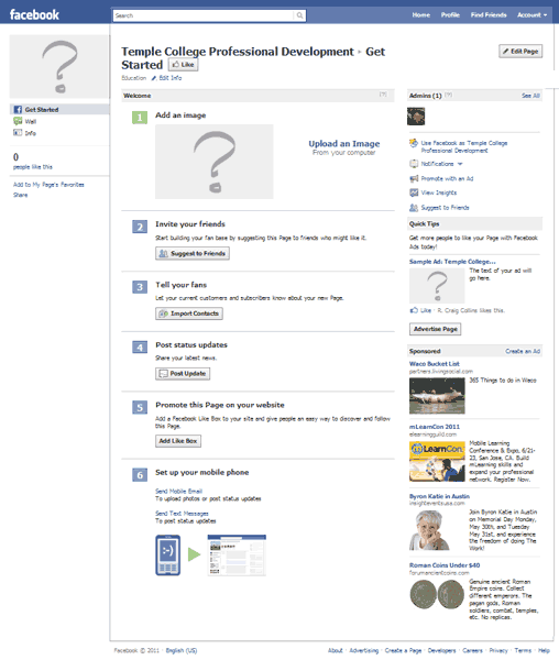 New Facebook Fan Page starting screen