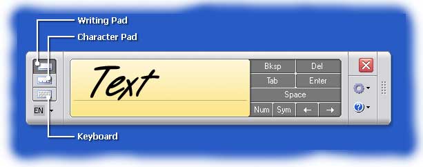 Tablet input options include Writing Pad, Character Pad, or  On Montior Keyboard