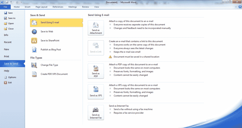 Word 2010 Save and Send Menu