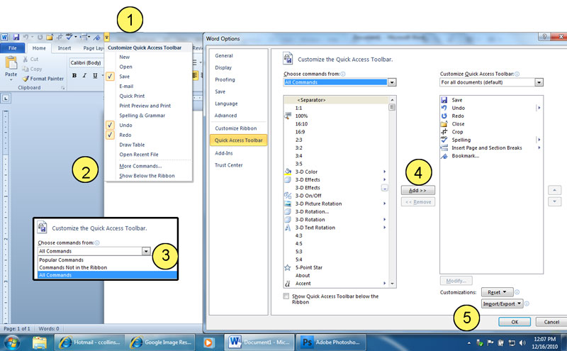 Quick Access set up screens
